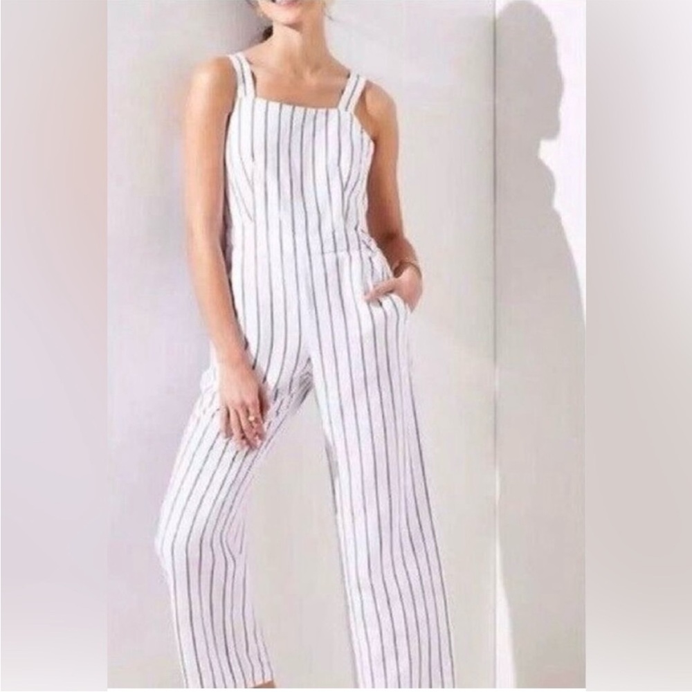 LOFT White and Black Striped Jumpsuit